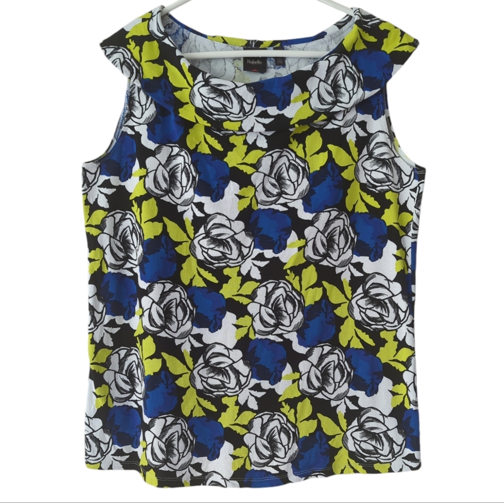 Rafaela Floral Boat Neck Ribbed Sleeveless Top 1X White Blue Black Green